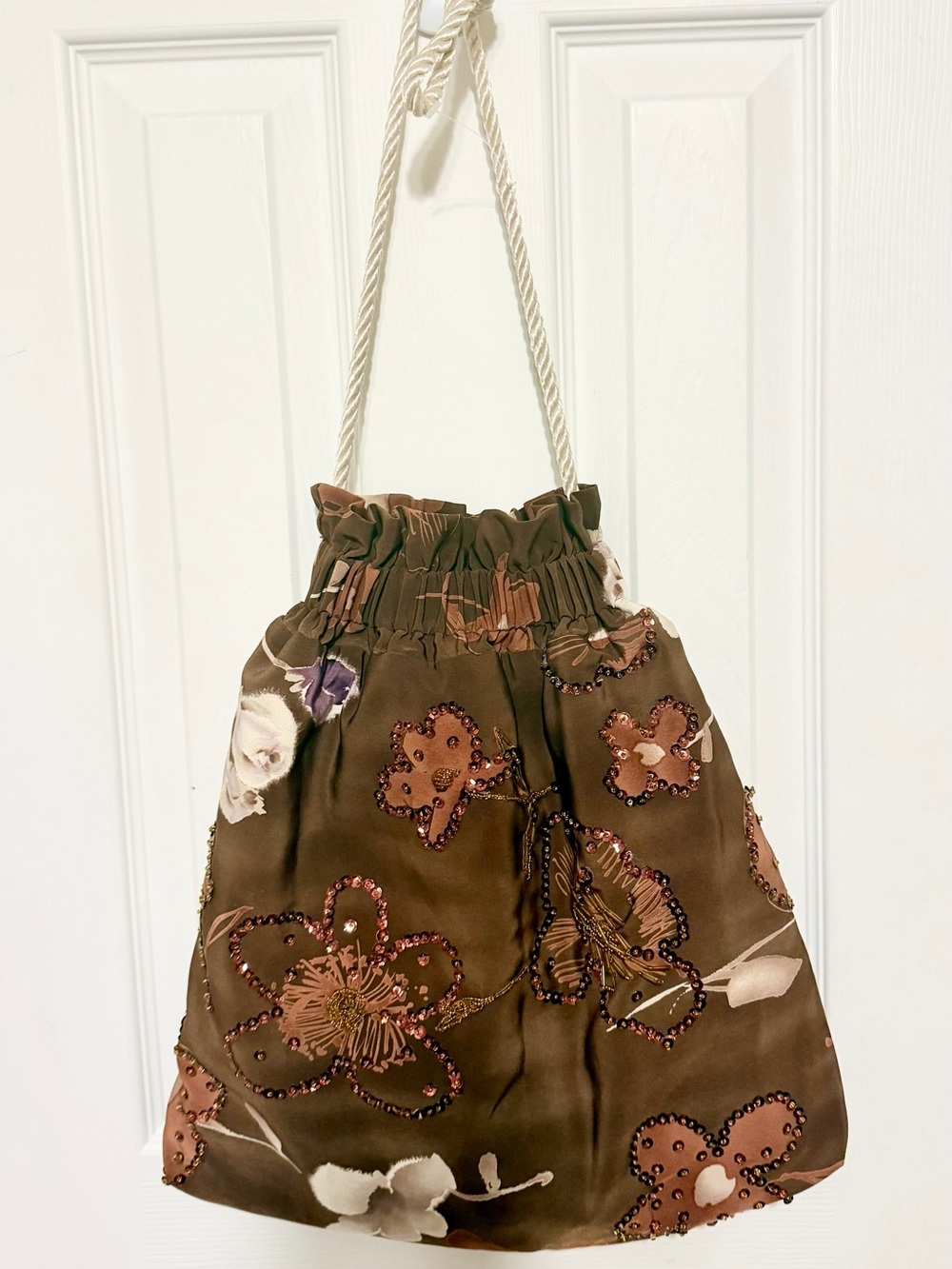 Vintage Marisol Brador Brown Silk Satin Beaded Floral Bag NOS 1960s